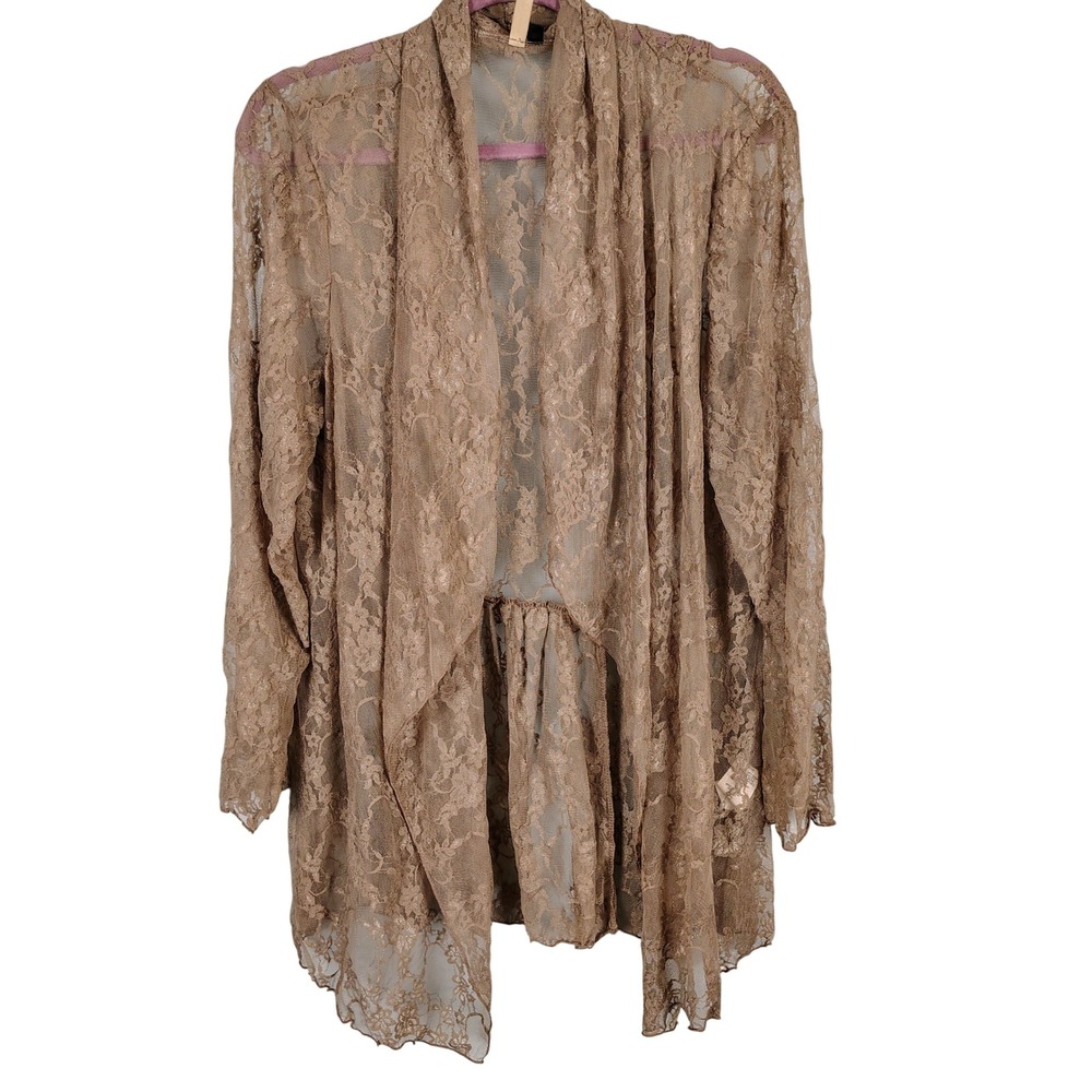 Rhonda Shear Womens 1X Lace Open Front Cardigan Taupe Floral Whimsigoth Boho